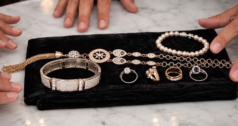 Diamond bracelet, rose gold necklace, pearls, and rings on a velvet pad