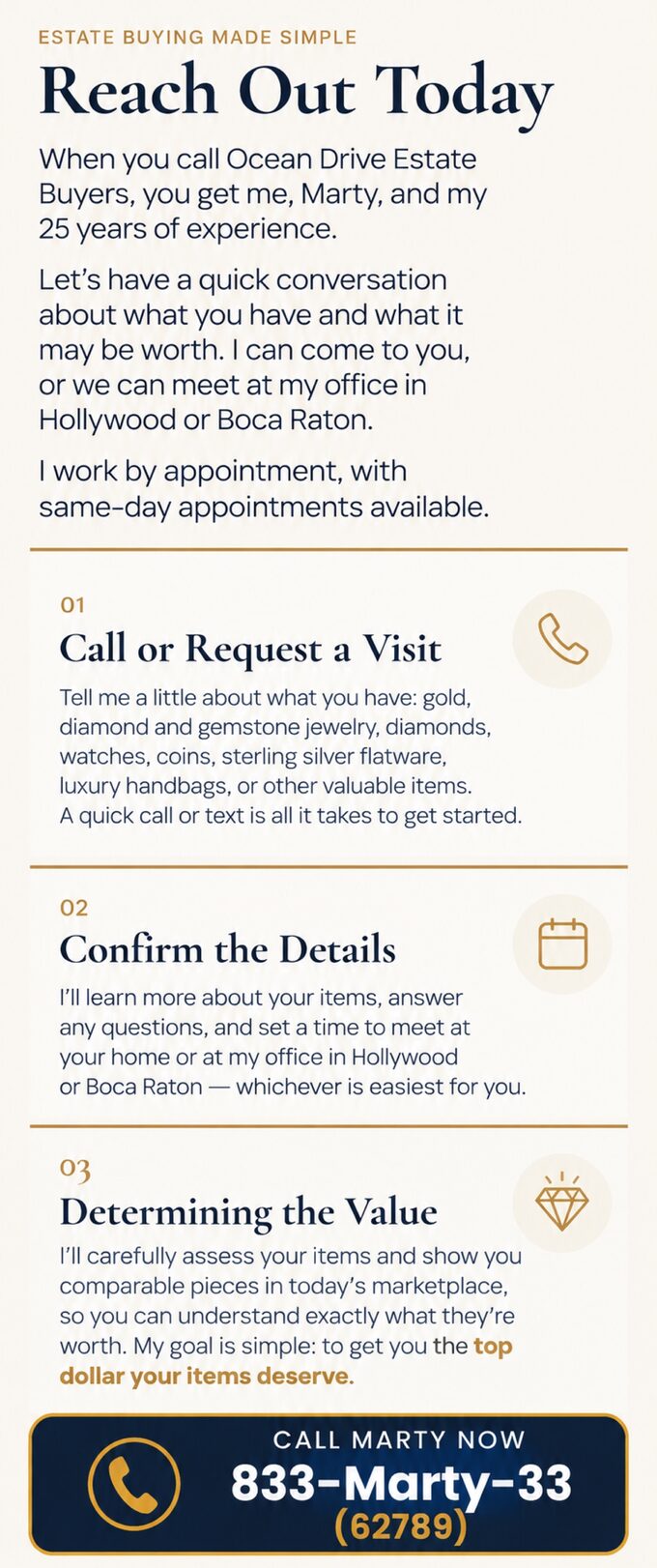 Estate buying made simple flyer — Reach Out Today. Three steps: call or request a visit, confirm the details, and determining the value. Call 833-MARTY-33.