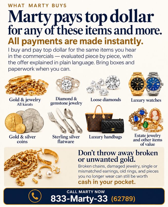 What Marty Buys flyer — gold, diamonds, jewelry, watches, coins, sterling silver, luxury handbags, and estate jewelry. All payments made instantly.